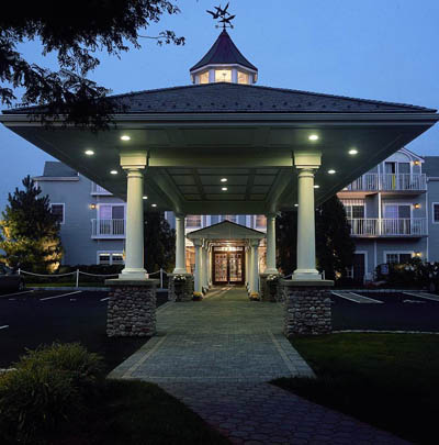 Entryway to luxury green Saybrook Point Inn in Old Saybrook, Connecticut, 